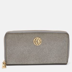 DKNY Metallic Grey Saffiano Leather Logo Zip Around Wallet, Wallets & Money Clips - Luxury Closet catalog