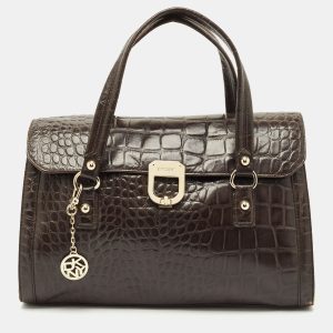 DKNY Dark Brown Croc Embossed Leather Satchel, Satchels - Luxury Closet catalog