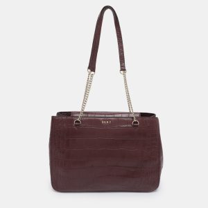 DKNY Burgundy Croc Embossed Leather Chain Tote, Tote Handbags - Luxury Closet catalog