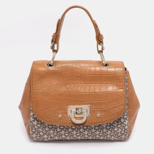 DKNY Beige/Tan Canvas and Croc Embossed Leather Top Handle Bag, Satchels - Luxury Closet catalog