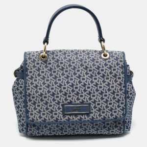 DKNY Blue Signature Canvas and Leather Trim Flap Top Handle Bag, Satchels - Luxury Closet catalog