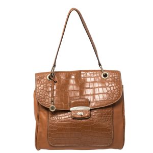 DKNY Brown Croc Embossed and Leather Turnlock Flap Top Handle Bag, Satchels - Luxury Closet catalog