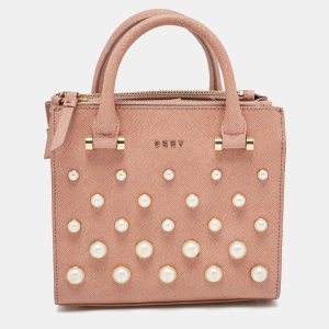 DKNY Pink Textured Leather Pearl Embellished Double Zip Tote, Tote Handbags - Luxury Closet catalog