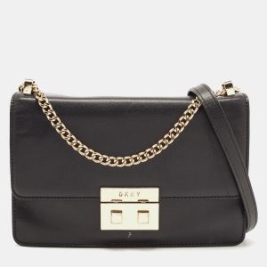 DKNY Black Leather Pushlock Flap Chain Crossbody Bag, Handbags - Luxury Closet catalog
