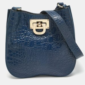 DKNY Navy Blue Croc Embossed Leather Messenger Bag, Handbags - Luxury Closet catalog
