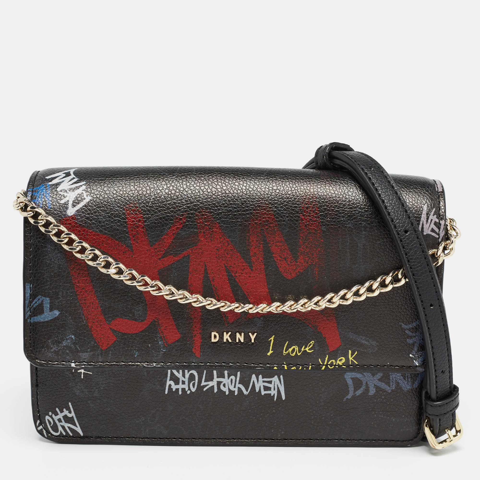 DKNY Black Leather Graffiti Print Flap Crossbody Bag, Handbags - Luxury Closet catalog