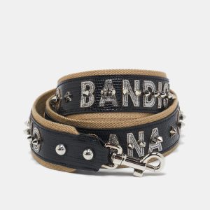 Dolce & Gabbana Black/Khaki Leather and Fabric Citta Di Palermo Studded Shoulder Bag Strap, Luggage Accessories - Luxury Closet catalog