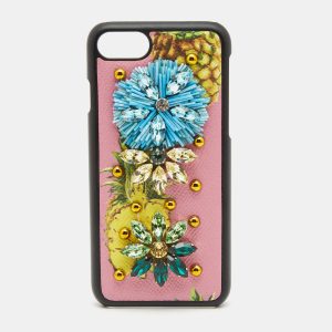 Dolce & Gabbana Pink/Yellow Fruit Print Leather Crystals Embellished iPhone 7 Cover, Mobile Phone Cases - Luxury Closet catalog