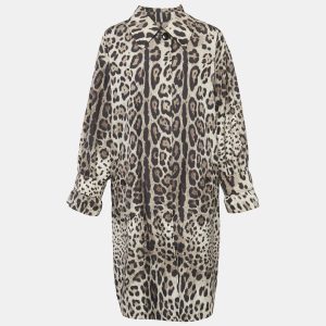 Dolce & Gabbana Brown/Beige Leopard Print Synthetic Button Front Long Coat M, Coats & Jackets - Luxury Closet catalog