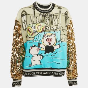 Dolce & Gabbana Green/Blue Year Of The Pig Print Cotton Sequin Sweatshirt S, Sweaters & Cardigans - Luxury Closet catalog
