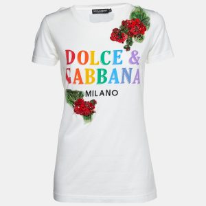 Dolce & Gabbana White Floral Appliqued Cotton Crew Neck T-Shirt S, Shirts & Tops - Luxury Closet catalog