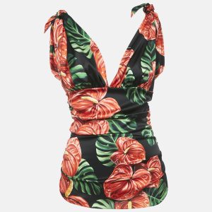 Dolce & Gabbana Black/Red Anthurium Print Satin Ruched Top M, Shirts & Tops - Luxury Closet catalog