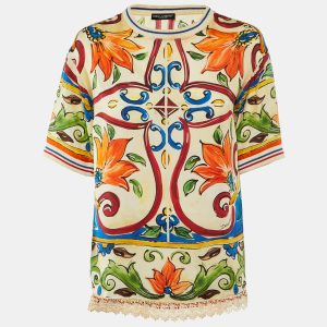 Dolce & Gabbana Multicolor Majolica Print Silk Lace Trim Top S, Shirts & Tops - Luxury Closet catalog