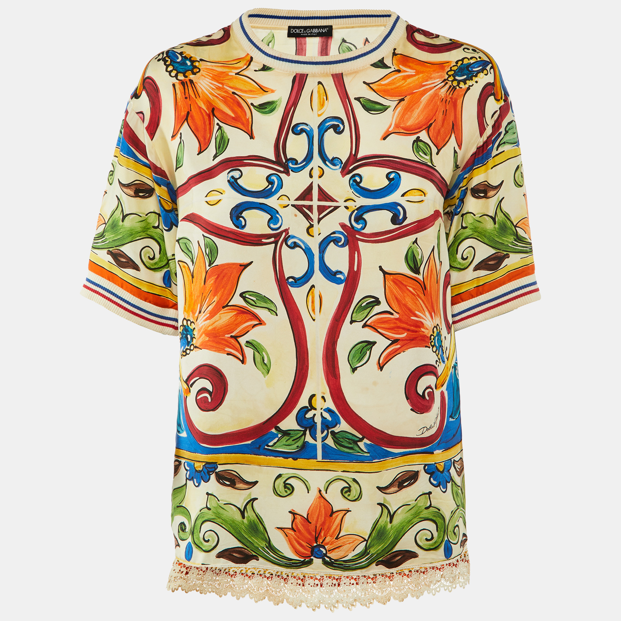 Dolce & Gabbana Multicolor Majolica Print Silk Lace Trim Top S, Shirts & Tops - Luxury Closet catalog