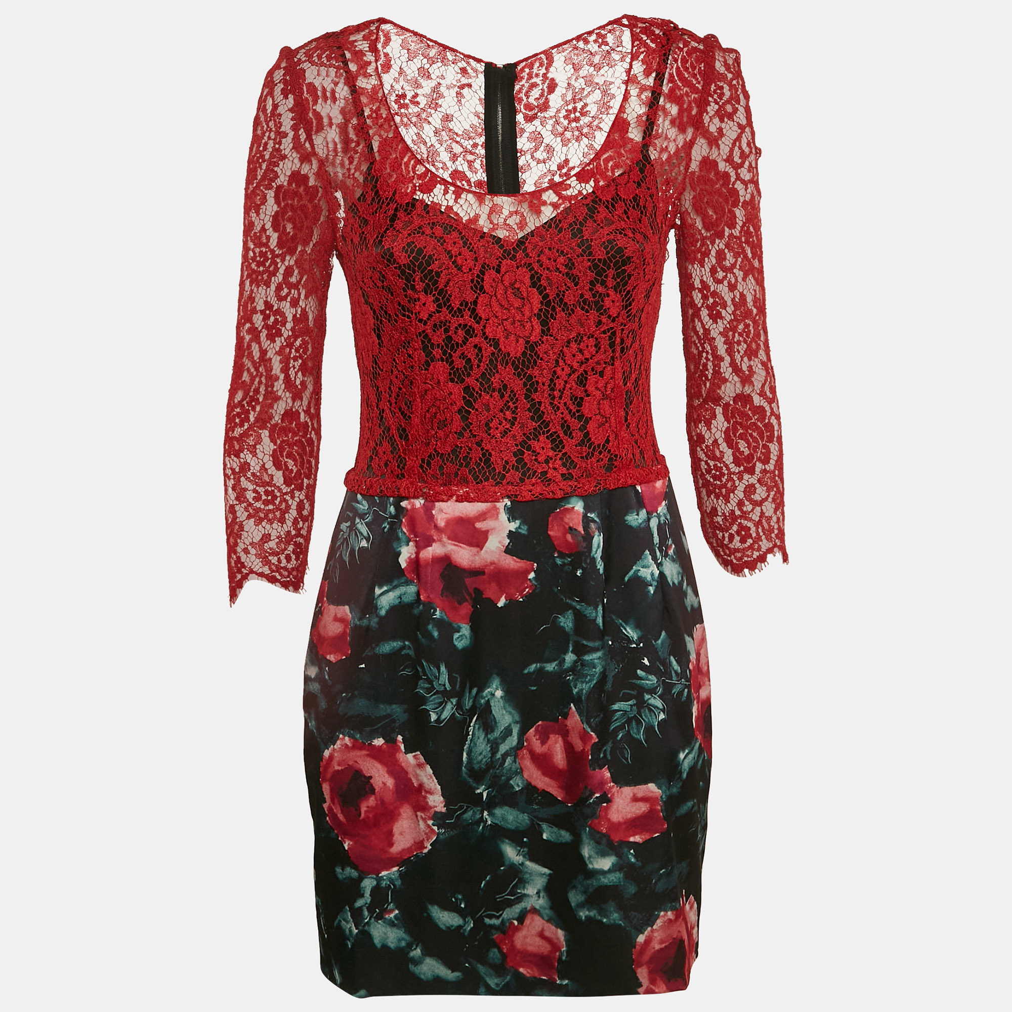 Dolce & Gabbana Red/Black Lace and Floral Print Crepe Mini Dress M, Dresses - Luxury Closet catalog