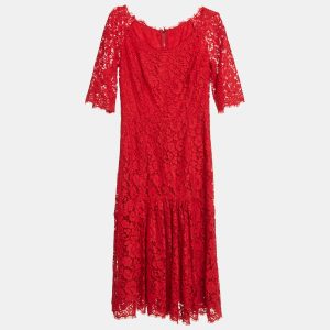 Dolce & Gabbana Red Lace Short Sleeve Midi Dress M, Dresses - Luxury Closet catalog