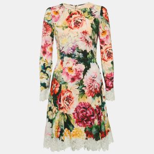 Dolce & Gabbana Pink Floral Print Crepe Lace Trim Short Dress M, Dresses - Luxury Closet catalog