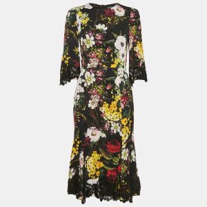 Dolce & Gabbana Black Floral Print Silk Lace Trim Midi Dress M, Dresses - Luxury Closet catalog