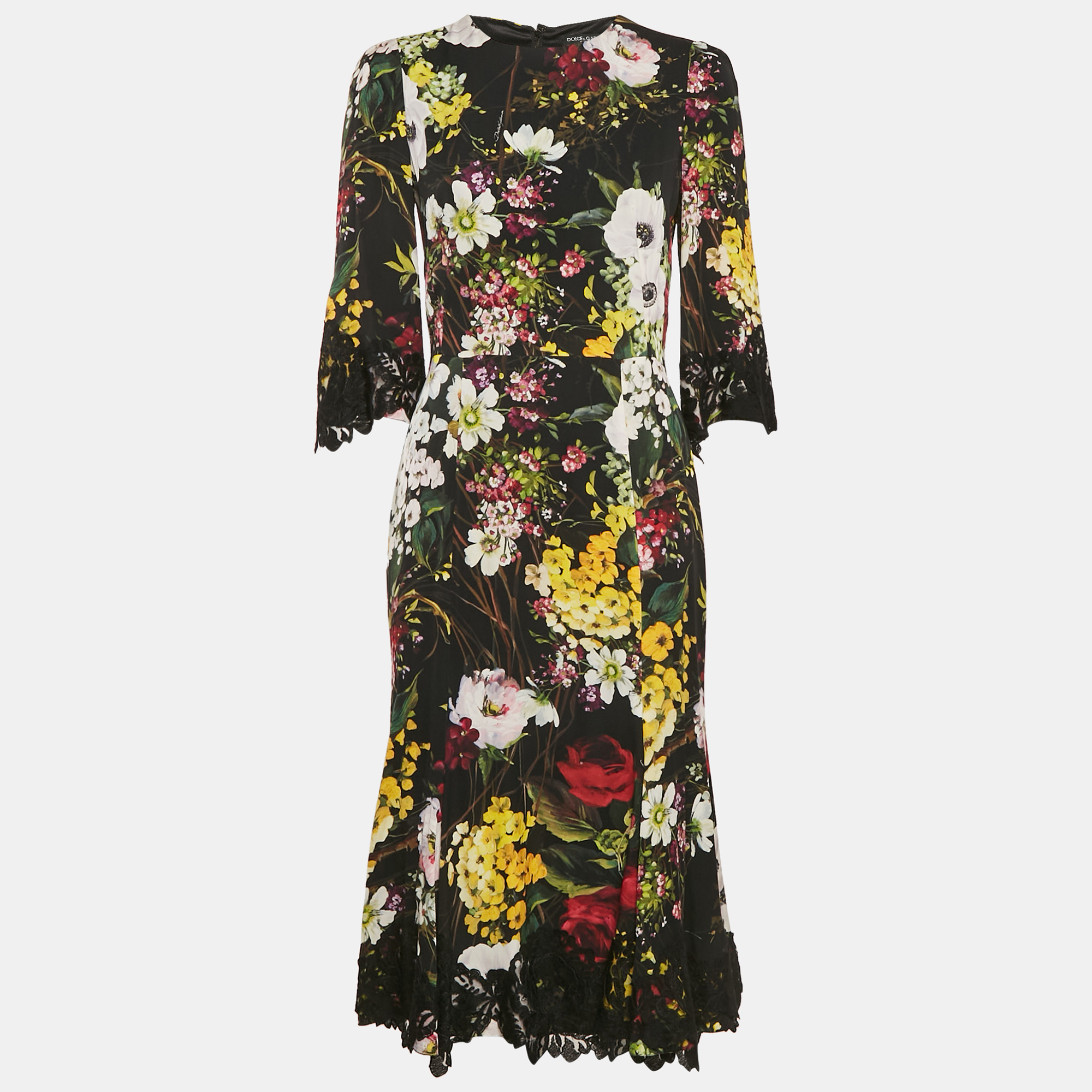 Dolce & Gabbana Black Floral Print Silk Lace Trim Midi Dress M, Dresses - Luxury Closet catalog