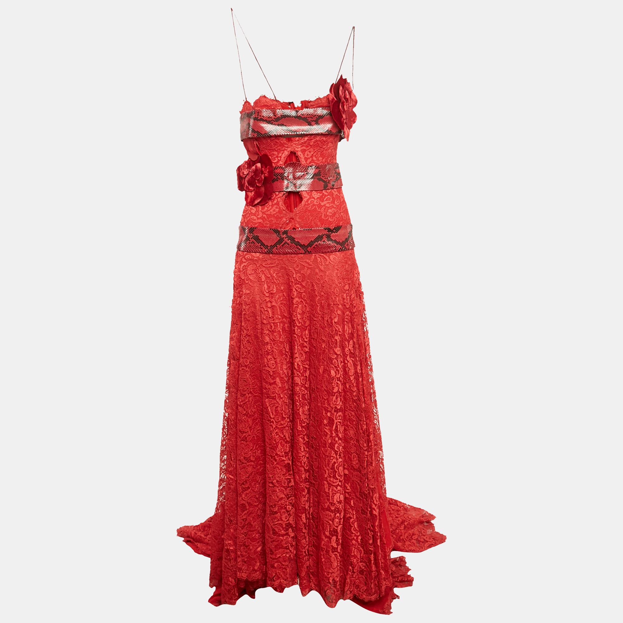 Dolce & Gabbana Red Snakeskin Leather Trim Lace Slit Detail Gown S, Dresses - Luxury Closet catalog