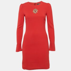 Dolce & Gabbana Red Crepe Logo Embellished Long Sleeve Mini Dress S, Dresses - Luxury Closet catalog