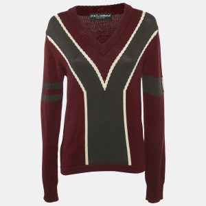 Dolce & Gabbana Red Intarsia Wool Knit V-Neck Sweater L, Sweaters & Cardigans - Luxury Closet catalog