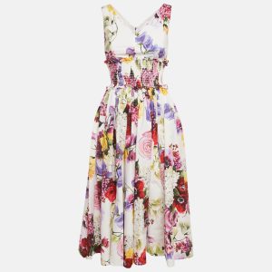 Dolce & Gabbana White Floral Print Cotton Smocked Sleeveless Midi Dress XS, Dresses - Luxury Closet catalog