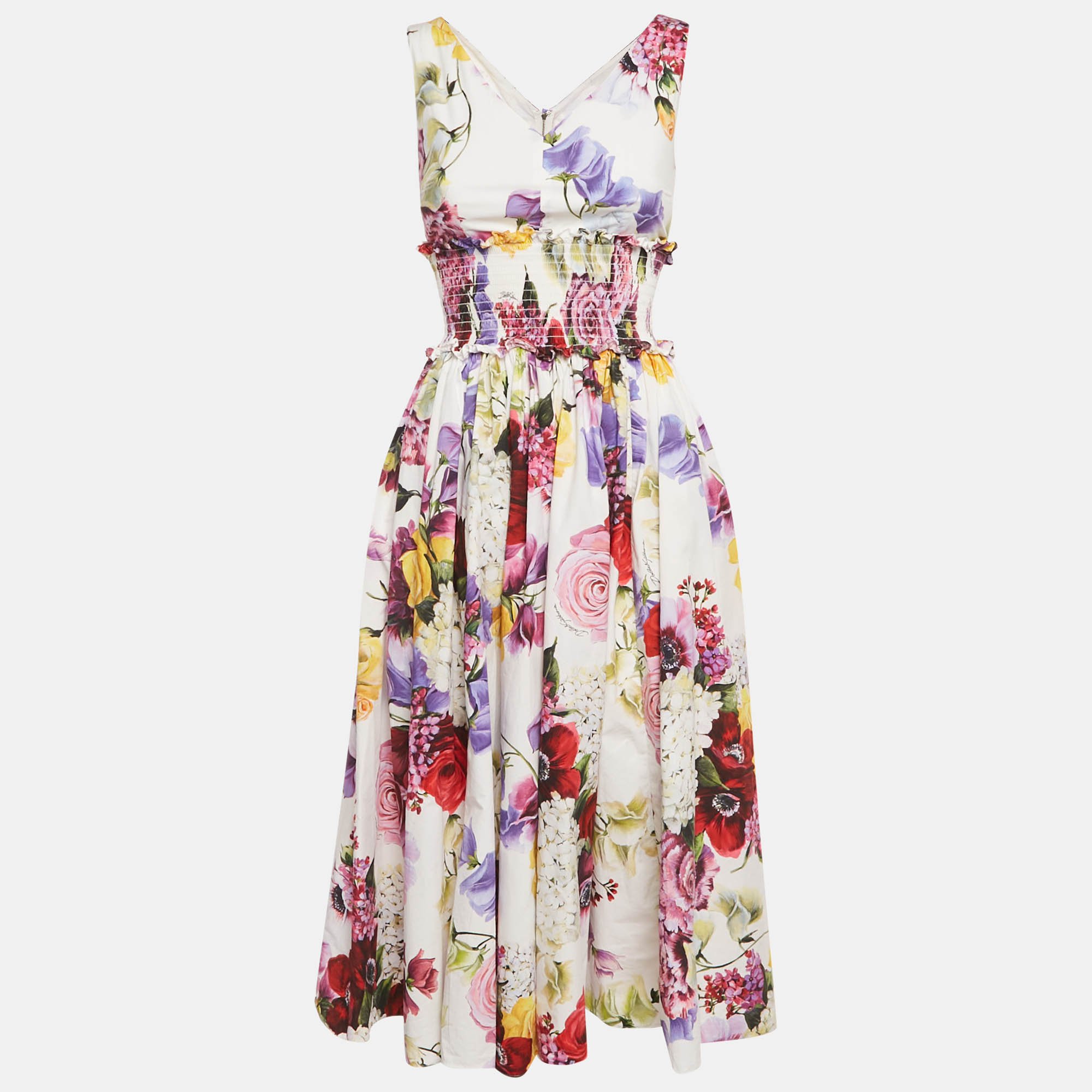 Dolce & Gabbana White Floral Print Cotton Smocked Sleeveless Midi Dress XS, Dresses - Luxury Closet catalog