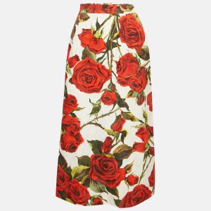 Dolce & Gabbana White Rose Print Cotton Blend Jacquard Midi Skirt M, Skirts - Luxury Closet catalog