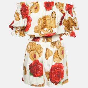 Dolce & Gabbana White Cookie Floral Print Cotton Off-The-Shoulder Playsuit S, Suits - Luxury Closet catalog