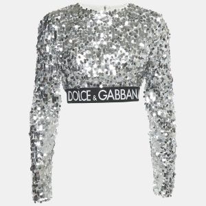 Dolce & Gabbana Silver Sequin Tulle Logo Trim Detail Crop Top M, Shirts & Tops - Luxury Closet catalog