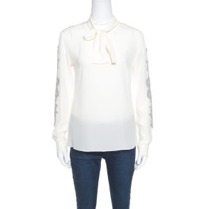 Dolce & Gabbana Cream Silk Lace Applique Bow Tie Detail Blouse S, Shirts & Tops - Luxury Closet catalog