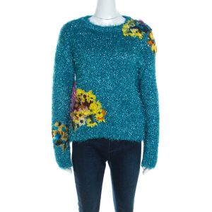 Dolce & Gabbana Metallic Blue Tinsel Rib Knit Floral Applique Sweater S, Sweaters & Cardigans - Luxury Closet catalog