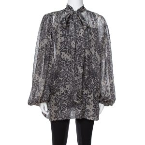 Dolce & Gabbana Grey Paisley Print Silk Bow Tie Blouse M, Shirts & Tops - Luxury Closet catalog