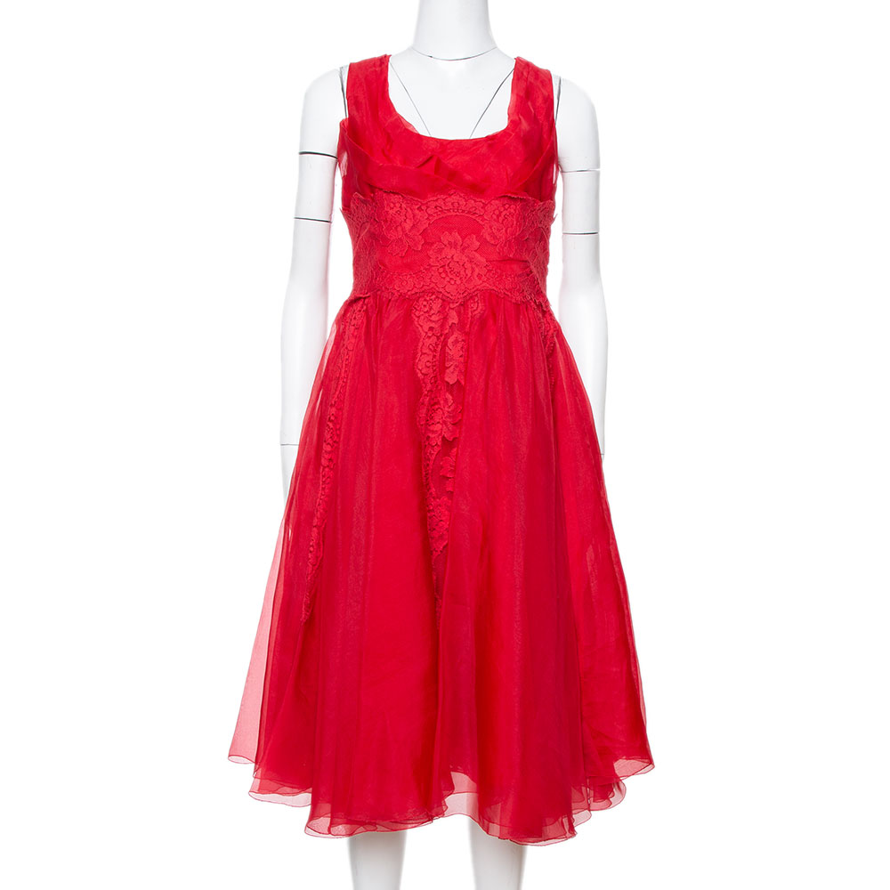 Dolce & Gabbana Red Silk Organza Lace Trim Flared Dress M, Dresses - Luxury Closet catalog