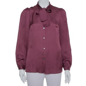 Dolce & Gabbana Mahogany Red Crushed Silk Neck Tie Detail Button Front Top M, Shirts & Tops - Luxury Closet catalog