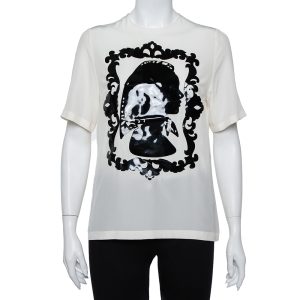 Dolce & Gabbana Cream Silk Silhouette Applique Detail Short Sleeve Top M, Shirts & Tops - Luxury Closet catalog