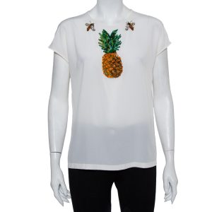 Dolce & Gabbana Cream Silk Sequin Embellished Trim Blouse M, Shirts & Tops - Luxury Closet catalog