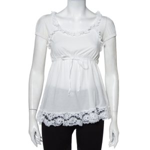 Dolce & Gabbana White Knit Lace Trim Waist Tie Detail Top M, Shirts & Tops - Luxury Closet catalog