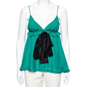 Dolce & Gabbana Green Silk Tie Detail Ruffled Sleeveless Top S, Shirts & Tops - Luxury Closet catalog