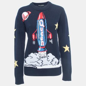 Dolce & Gabbana Navy Blue Spaceship Patterned Wool Sweater S, Sweaters & Cardigans - Luxury Closet catalog