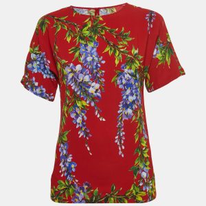 Dolce & Gabbana Red Floral Print Crepe Short Sleeve Blouse S, Shirts & Tops - Luxury Closet catalog