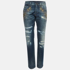 Dolce & Gabbana Navy Blue Ripped Denim Crystal Embellished Jeans L Waist 33", Jeans - Luxury Closet catalog
