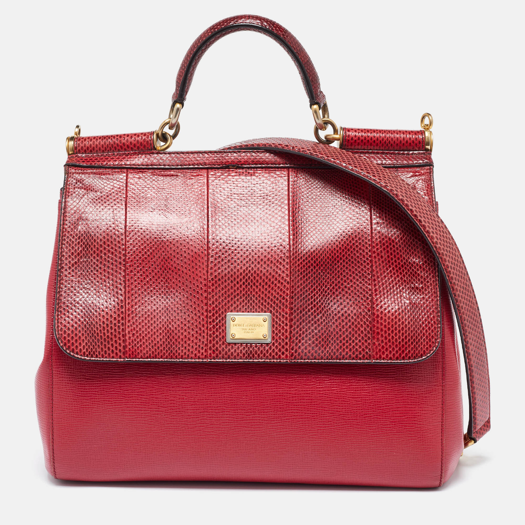 Dolce & Gabbana Red Watersnake and Leather Large Miss Sicily Top Handle Bag, Satchels - Luxury Closet catalog