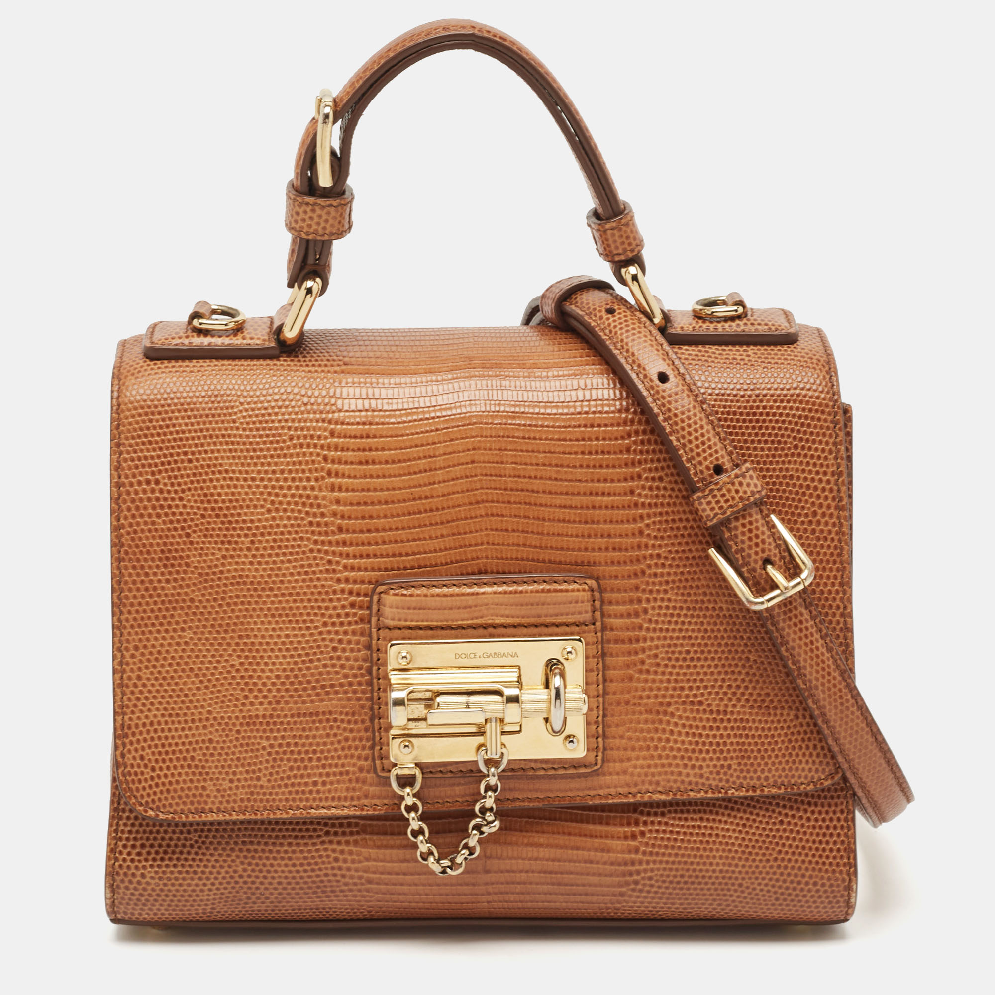 Dolce & Gabbana Brown Lizard Embossed Leather Small Miss Monica Top Handle Bag, Satchels - Luxury Closet catalog