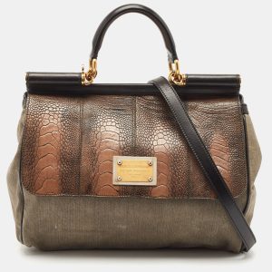Dolce & Gabbana Tricolor Ostrich Leg Leather and Canvas Large Miss Sicily Top Handle Bag, Satchels - Luxury Closet catalog