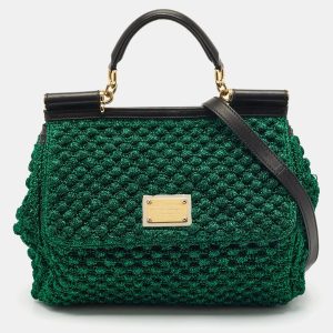 Dolce & Gabbana Metallic Green Crochet Lurex Fabric Large Miss Sicily Top Handle Bag, Satchels - Luxury Closet catalog