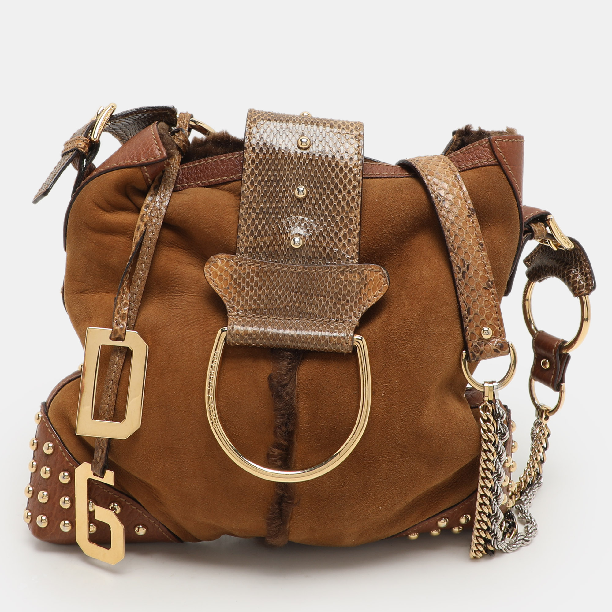 Dolce & Gabbana Brown Nubuck Leather and Snakeskin Studded Shoulder Bag, Shoulder Bags - Luxury Closet catalog