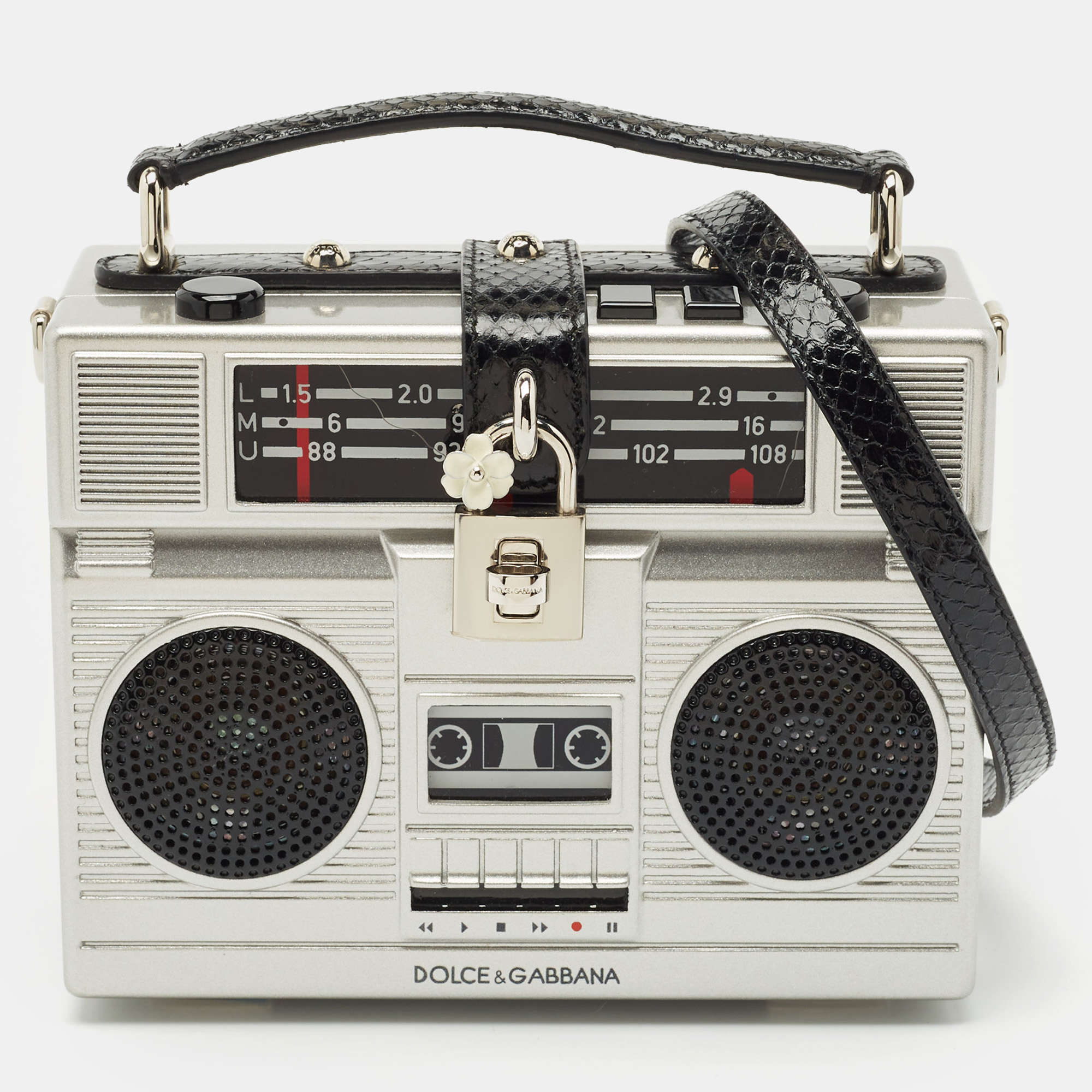Dolce & Gabbana Grey/Black Acrylic and Snakeskin Trim Radio Boom Box Top Handle Bag, Satchels - Luxury Closet catalog