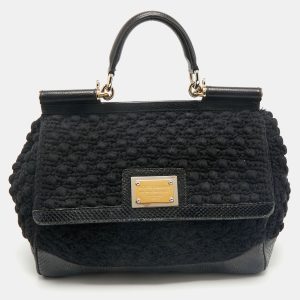 Dolce & Gabbana Black Crochet and Snakeskin Large Miss Sicily Top Handle Bag, Satchels - Luxury Closet catalog